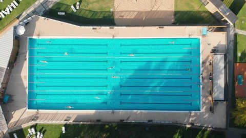 Swimmers practice in olympic pool aerial top down view. Luxury Resort swimming pool with clean beautiful blue water