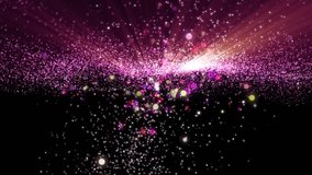 Space pink background with particles. Space purple dust with stars on black background. Sunlight of beams and gloss of particles galaxies.