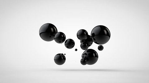 3D animation of flying black balls on a white background.