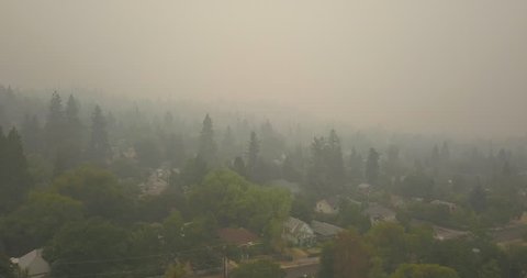Aerial view of smoke filled and hazardous sky over Ashland, Oregon. 