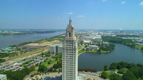 Louisiana State Capitol Building and Welcome Center 4k aerial drone footage orbit