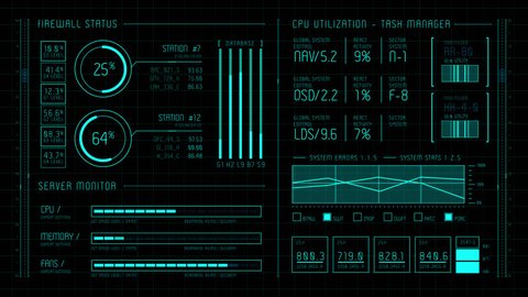4K HUD Hi-Tech Futuristic Display with Alpha Channel. Tech and science, analysis theme. Infographic elements: graph, waves, arrow, bar regulator, circle, percent.