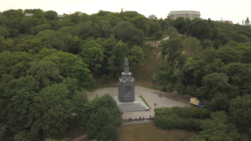 Monument to Vladimir the Great established in the Ukrainian capital Kiev. Aerial view