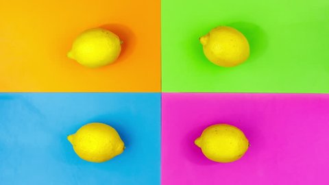 Stop motion lemons on a different background. Minimal fashion footage in pop art style. Trendy bright colors. Food background Vídeo Stock