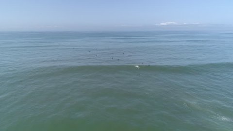 San Diego, United States - June, 2017: Aerial view of surfers on the ocean.