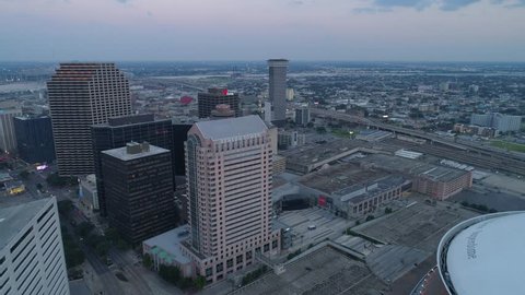 NEW ORLEANS, LOUISIANA, USA - AUGUST 1, 2018: Drone flying over city 4k