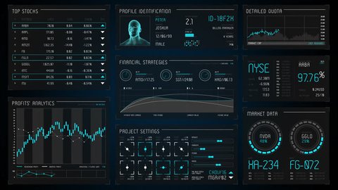 4K HUD Hi-Tech Futuristic Display with Alpha Channel. Tech and science, analysis theme. Infographic elements: graph, waves, arrow, bar regulator, circle, percent.