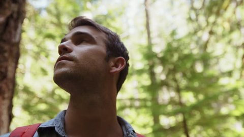 Close-up of thoughtful man touching tree trunk while standing in forest
