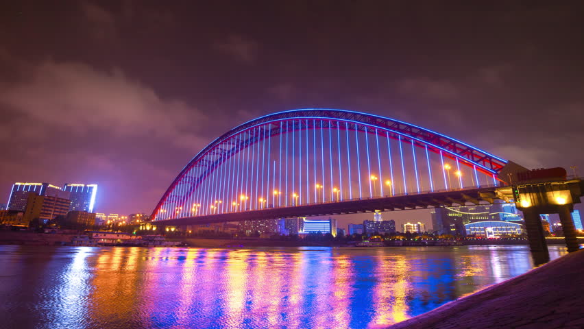 night illuminated wuhan city famous qingchuan bridge riverside bay panorama 4k timelapse china