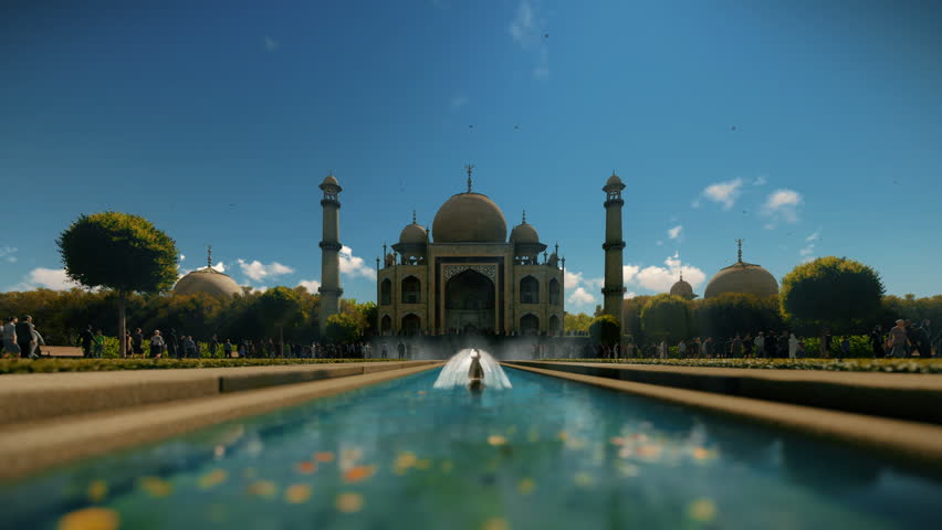 Taj Mahal with tourists against blue sky, 4K