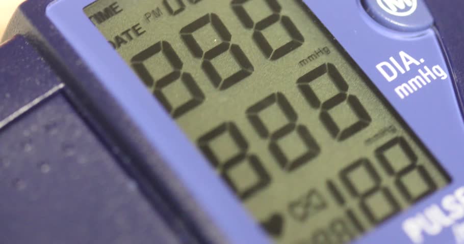 Sphygmomanometer or blood pressure cuff digital monitor display.