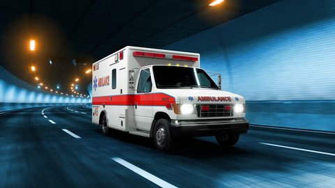 Ambulance car rides trough tunnel warm yellow light 3d rendering