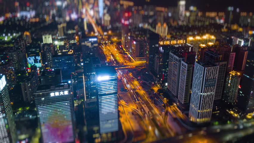 night time shenzhen city downtown traffic street aerial panorama 4k tilt shift timelapse china
