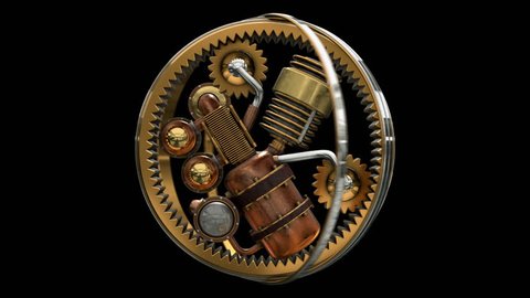 3D Steampunk Gyroscope wheel animation. ALPHA MATTE. Best 3D model animation in 4K for movies, TV shows, intro, news, commercials, futurism and steampunk related projects.
