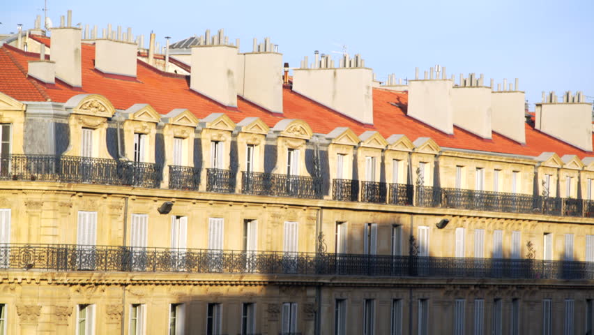 Old European architecture apartment building rooftop chimneys, Marseille, France