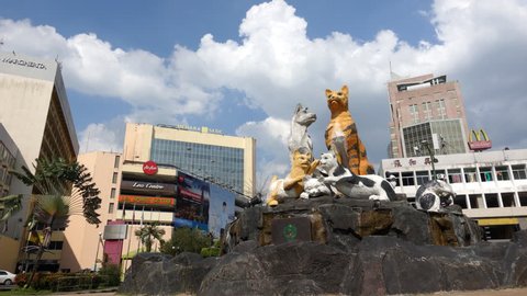 August 2018, Kuching Sarawak, Malaysia - The famous cat family statue located at a roundabout it the tourist town of Kuching Sarawak