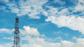 Time - Lapse Video Telecommunication Tower with Moving cloud and blue sky background in technology concept