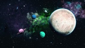 Space travelling loop video. 3d rendering. Planets over a glowing 
green nebula. Eternal Galaxy.