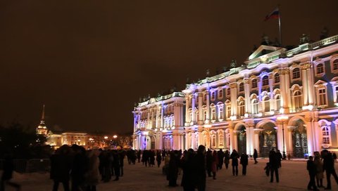 Night panorama of Winter Palace and Palace square in festive illuminated, St. Petersburg, Russia Stock Video