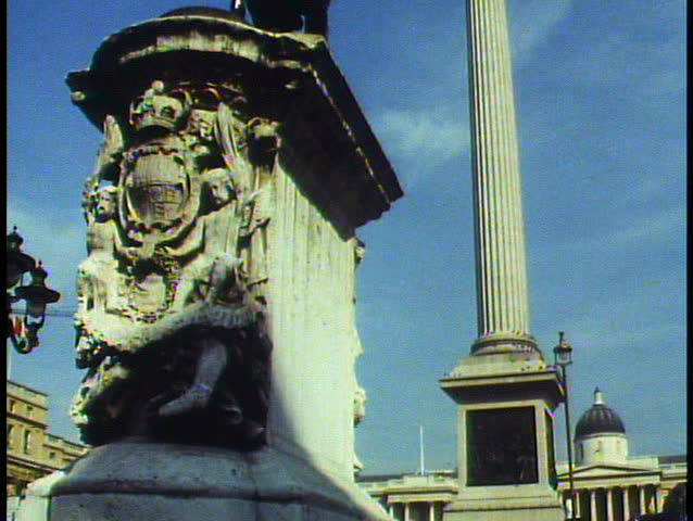 LONDON, ENGLAND, 1988, Trafalgar Square, Nelson Column, tilt up, statue