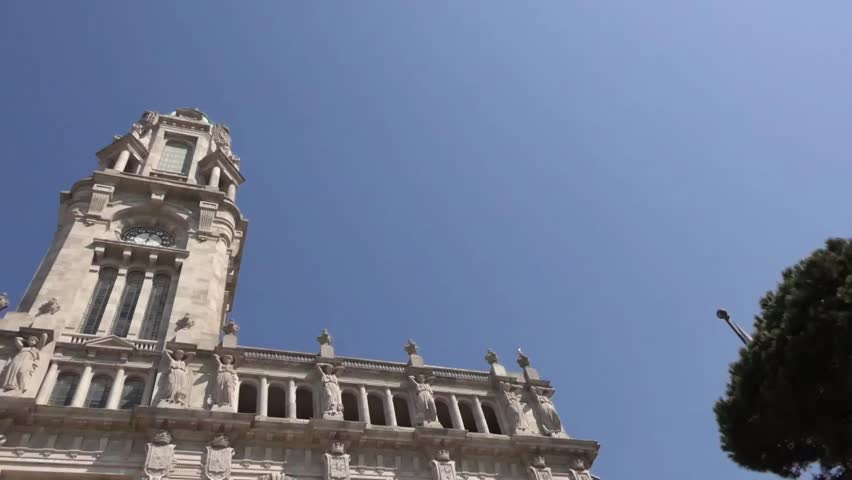 Monument to Almeida Garrett, striking personality of nineteenth century born in Porto, in front of Oporto City Hall, in General Humberto Delgado Square, at top of Avenida dos Aliados, Portugal.
