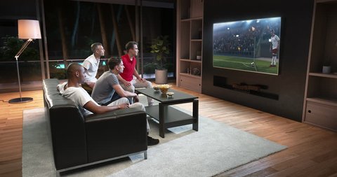 Group of students are watching a soccer moment on the TV and celebrating a goal, sitting on the couch in the living room. The living room is made in 3D.
