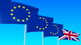 The descent of the flag of Great Britain. Flags are developing in the wind in motion, approaching the last banner. Symbol of the exit of England from the European Union. - Powered by Shutterstock - Get 15% off with code: PIKWIZARD15