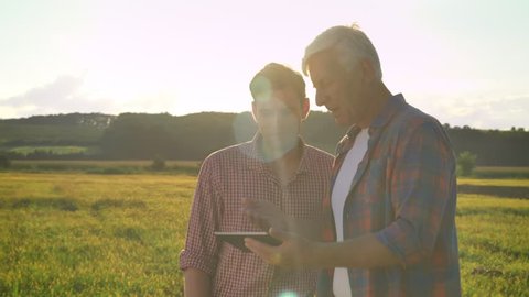 Old farmer typing on tablet and showing to his heir wheat field, teaching son about agriculture, beautiful view during sunset