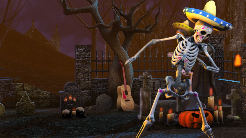 Seamless animation mexican sugar skeletons dancing salsa in a graveyard. Funny Halloween 4K background.