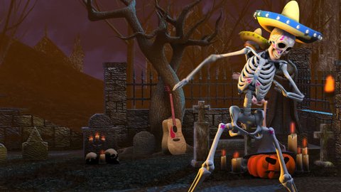 Seamless animation mexican sugar skeletons dancing salsa in a graveyard. Funny Halloween 4K background.