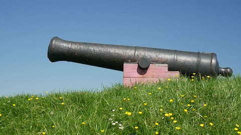 an old iron cannon in a field against a clear blue sky