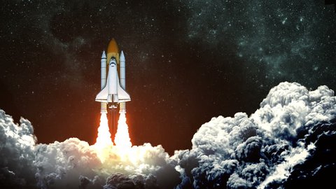 4K. Space Shuttle Launch On Background Of Night Sky. Slow Motion. 3D Animation.  Ultra High Definition. 3840x2160.