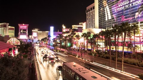 Las Vegas, United States - July, 2016: Night traffic timelapse on Las Vegas Boulevard