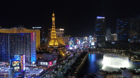 Las Vegas, United States - September, 2017: Aerial view of Las Vegas with the Fountains of Bellagio at night