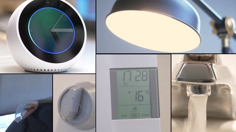 MONTREAL, CANADA - August 2018 : Video montage of Amazon Echo Alexa Spot controlling different aspect of a house such as : lights, door lock, garage door opener, temperature, water..