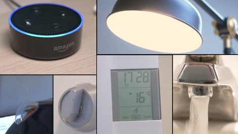MONTREAL, CANADA - August 2018 : Video montage of Amazon Echo Alexa dot controlling different aspect of a house such as : lights, door lock, garage door opener, temperature, water..