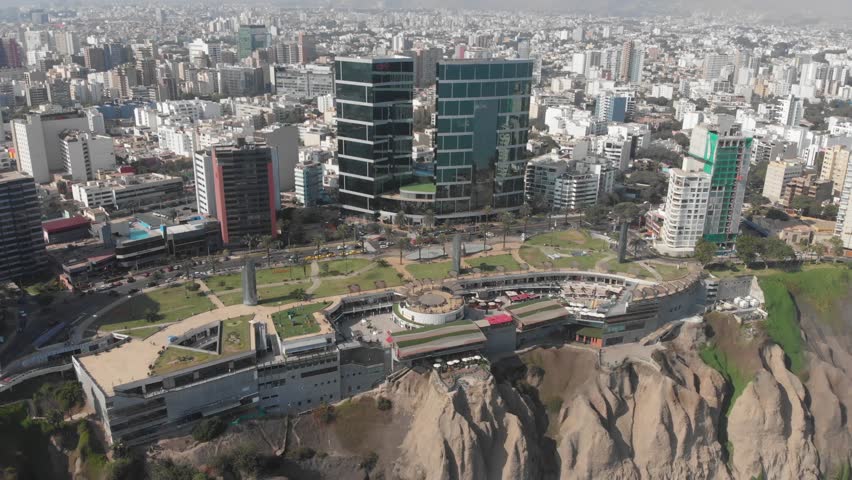LIMA, PERU  - CIRCA 2018: Aerial view of Marriot hotel and Larcomar mall circa 2018, in Lima, Peru.