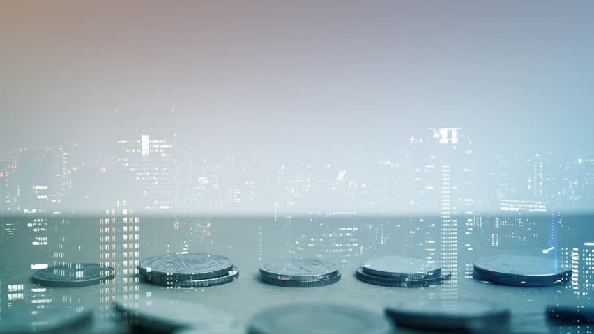 Double exposure of city view, rows of coins for finance and business concept Royalty-Free Stock Footage #1015258309