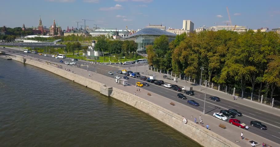 Moscow Kremlin Zaryadye park and Moskva river embankment aerial view