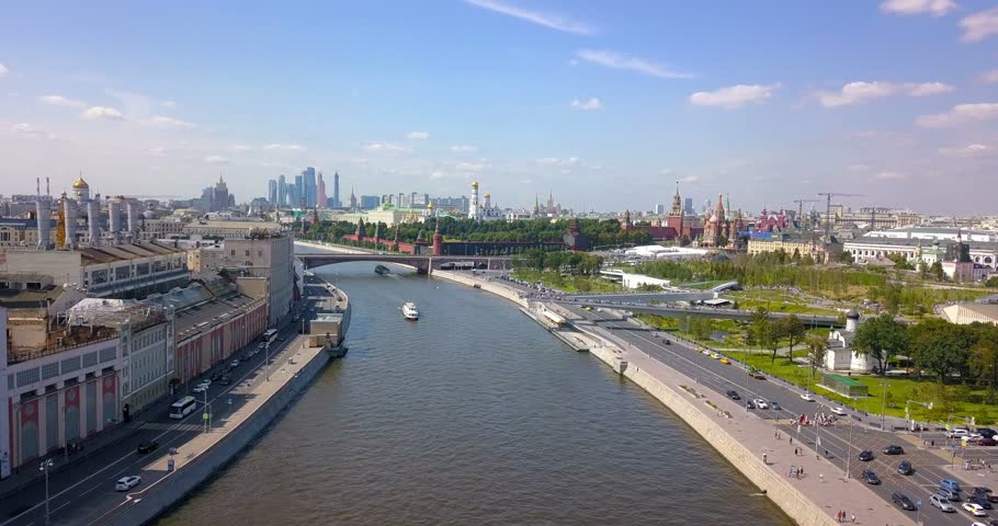 Moscow Kremlin Zaryadye park and Moskva river embankment aerial view