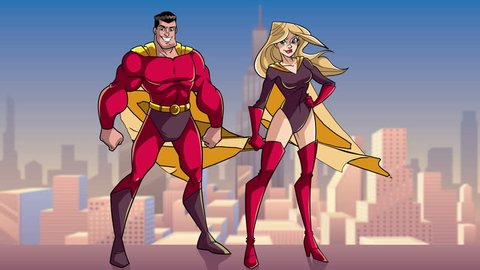 Animation of happy and smiling superhero couple, standing tall on rooftop above the city.
