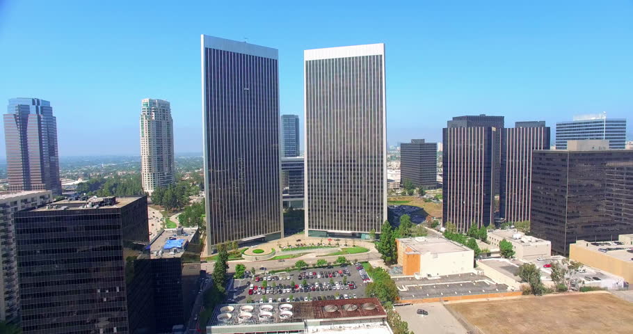  Aerial view of Century City skyline and skyscrapers in Los Angeles, California, 4K