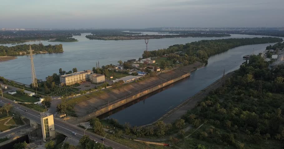 Ukraine. Kiev. Vyshgorod. Kyiv Sea. Aerial. Dnieper. Reservoir. GAES. GES