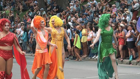 MONTREAL, CANADA - August 2018 : Drag queens during a gay pride parade in the street.