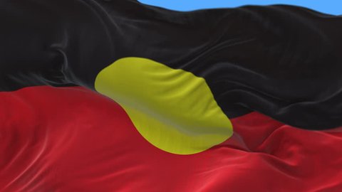 4k Australia ABORIGINES Aboriginal flag seamless loop slow waving with visible wrinkles in wind background.Close up a fully digital rendering,The 3D animation loops at 20 seconds.