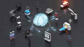 Various Smart health care devices, Medical Equipment connecting digital brain artificial intelligence. mri scanner, ct, x-ray. 4k animation. gray back - Powered by Shutterstock - Get 15% off with code: PIKWIZARD15