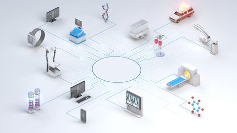 Various Smart health care devices, Medical Equipment connecting network IoT. mri scanner, ct, x-ray. 4k animation. 