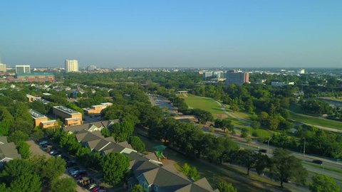 Aerial drone footage Buffalo Bayou Park Houston Texas