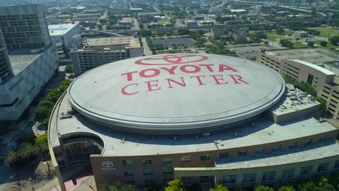 HOUSTON, TEXAS, USA - AUGUST 1, 2018: Aerial drone footage of Toyota Center Houston 