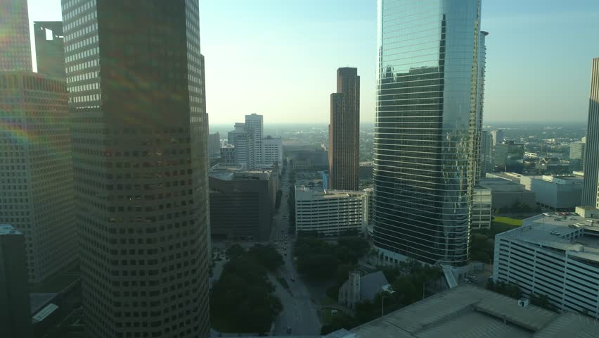 Flying low between skyscrapers Houston Texas USA